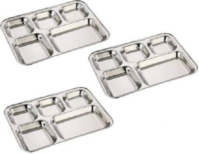 LIMETRO STEEL Stainless Steel Heavy Gauge 3 Pieces Rectangular 5 in 1 Dinner Plate / Lunch Plates / Bhojan Thali (3 Pieces, Stainless Steel) Dinner Plate(Pack of 3)