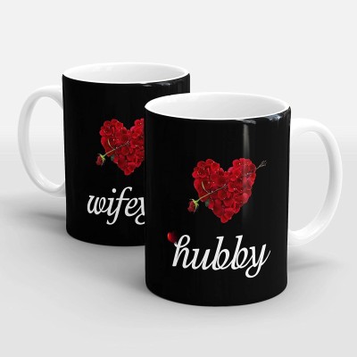 JAIPURART Hubby Wifey Cute Design Printed Best Gift For Hubby Wifey On Valentine, Anniversary, Birthday, Wedding Ceramic Coffee Mug(325 ml, Pack of 2)