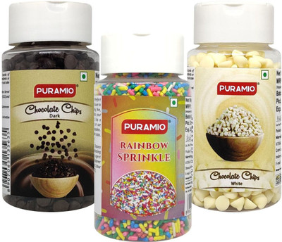PURAMIO Cake Topping Combo Of- Dark Choco Chips + White Choco Chips & Rainbow Sprinkle, 75g Each Topping(225 g, Pack of 3) PURAMIO Cake Topping Combo Of- Dark Choco Chips + White Choco Chips & Rainbow Sprinkle, 75g Each Topping(225 g, Pack of 3)