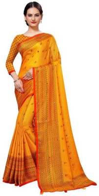 shree charbhuja designer Embroidered Bollywood Cotton Blend, Cotton Jute Saree(Yellow)