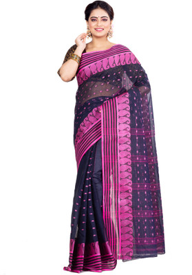 Ruuprekha Woven Tant Pure Cotton Saree(Black, Pink)