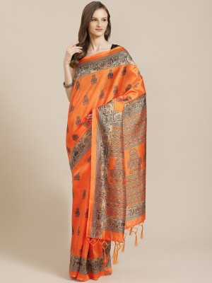 Grubstaker Printed Mysore Art Silk Saree(Orange)