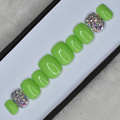 The NailzStation Glossy Light Green AB Rhinestones Fake Nails / Artificial Nails/ Press on Gel Nails in Square with free nail application kit Light Green(Pack of 12)