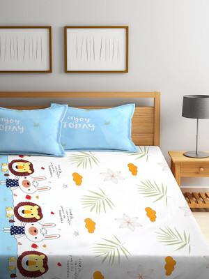 MORADO 300 TC Cotton Double Printed Fitted (Elastic) Bedsheet(Pack of 1, White)