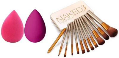 TUPELO combo pack of make up naked 3 brush set for women (pack of 12) & set of 2 High quality Beauty blender puff sponge(14 Items in the set)