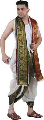 Prakasam Cotton Unbleached Big size border Panchakacham Readymade dhoti & towel set with pocket Solid Men Dhoti