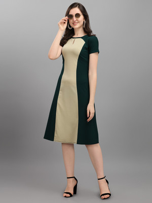 PURVAJA Women A-line Green Below Knee Dress
