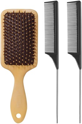 E-DUNIA Hair Brush-Natural Wooden Bamboo Brush and Detangle Tail Comb Instead of Brush Cleaner Tool, Eco Friendly Paddle Hairbrush for Women Men and Kids Make Thin Long Curly Hair Health and Massage Scalp