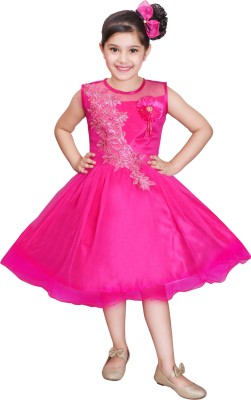 shazia Girls Below Knee Party Dress(Pink, Sleeveless)