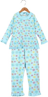 Fit N Fame Girls Printed Light Blue Top & Pyjama Set