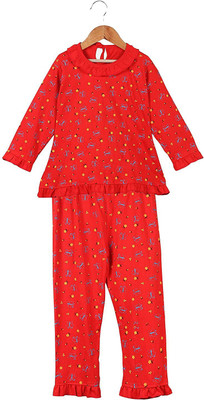 Fit N Fame Girls Printed Red Top & Pyjama Set