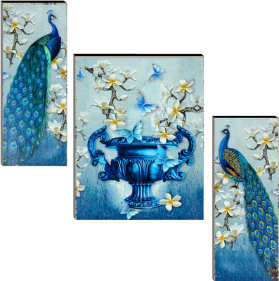 Indianara Set of 3 Beautiful Pair of Peacock and Flower vase MDF Art Painting (2098 FL) without glass (4.5 X 12, 9 X 12, 4.5 X 12 INCH) Digital Reprint 12 inch x 18 inch Painting(With Frame, Pack of 3)