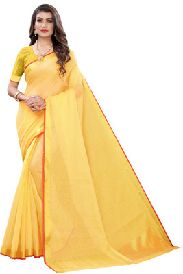 SAARA Woven, Solid, Dyed, Embellished Banarasi Polycotton Saree(Yellow, Gold)