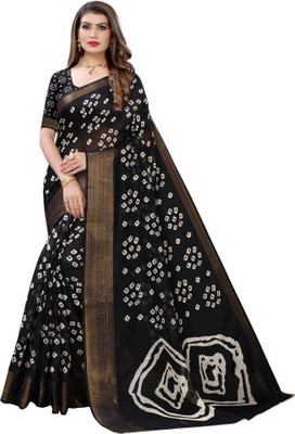 NAAGMANI CREATION Printed Bandhani Cotton Blend Saree(Black)
