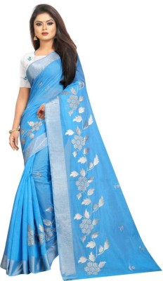 ANKITFASHION Embroidered Chanderi Cotton Linen Saree(Light Blue)