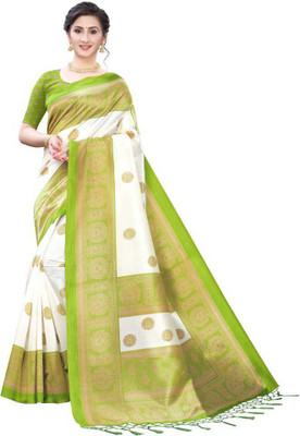 Textile Boost Woven Mysore Art Silk Saree(Dark Green, White)