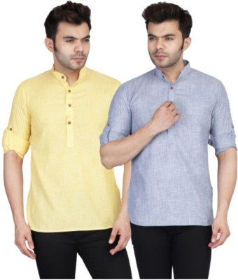 TAHVO Men Self Design Casual Blue, Yellow Shirt(Pack of 2)