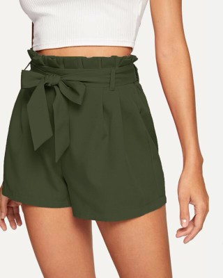 ADDYVERO Solid Women Dark Green High Waist Shorts