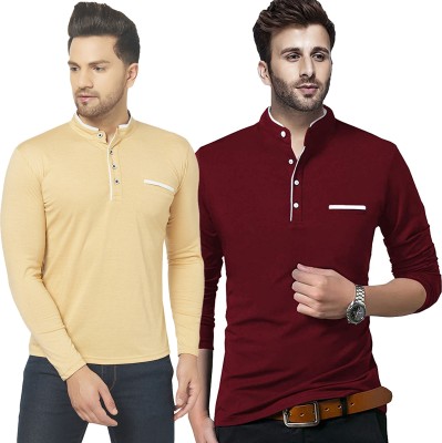 Adorbs Solid Men Henley Neck Maroon, Beige T-Shirt