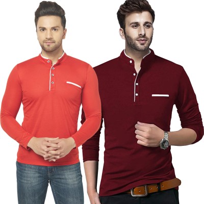 Adorbs Solid Men Henley Neck Red, Maroon T-Shirt