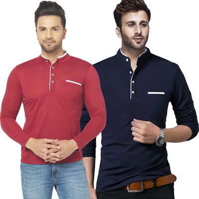 Jangoboy Solid Men Henley Neck Dark Blue, Maroon T-Shirt