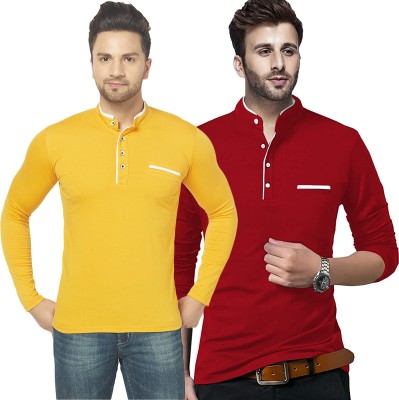 Jangoboy Solid Men Henley Neck Red, Yellow T-Shirt