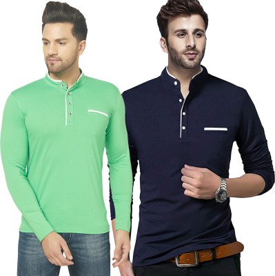 Adorbs Solid Men Henley Neck Dark Blue, Light Green T-Shirt