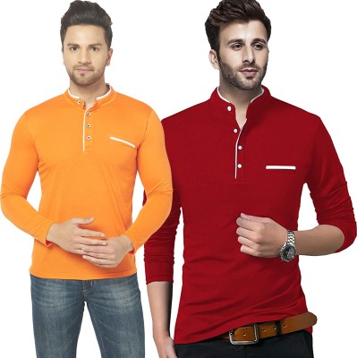 Jangoboy Solid Men Henley Neck Red, Orange T-Shirt