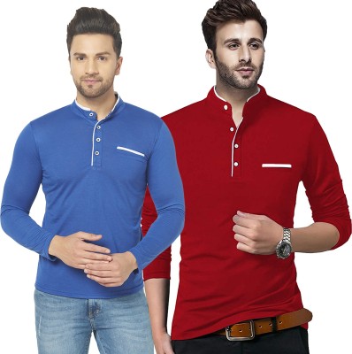 Jangoboy Solid Men Henley Neck Dark Blue, Red T-Shirt