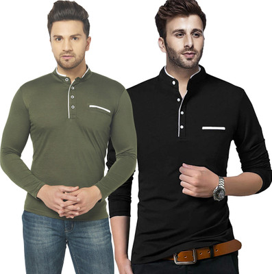 Jangoboy Solid Men Henley Neck Dark Green, Black T-Shirt