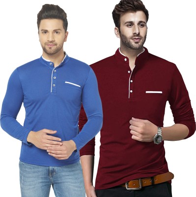 Adorbs Solid Men Henley Neck Dark Blue, Maroon T-Shirt