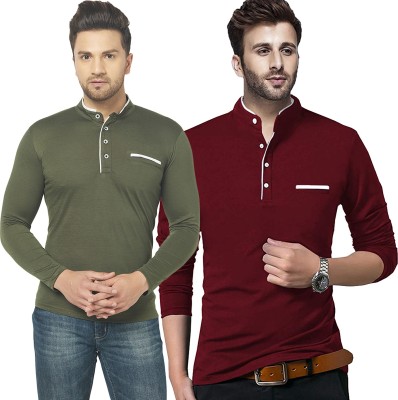 Adorbs Solid Men Henley Neck Dark Green, Maroon T-Shirt