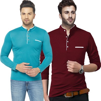 Jangoboy Solid Men Henley Neck Dark Blue, Maroon T-Shirt