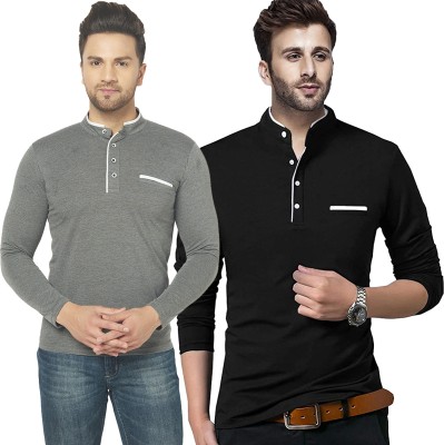 Jangoboy Solid Men Henley Neck Black, Grey T-Shirt