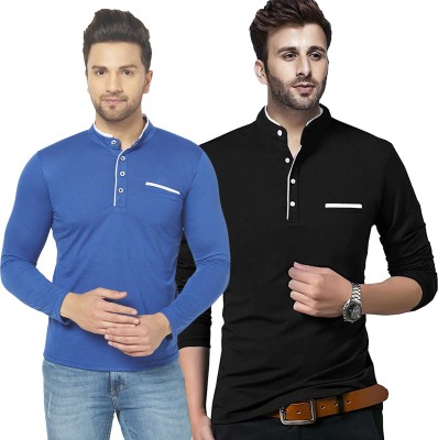 Tivy Solid Men Henley Neck Dark Blue, Black T-Shirt