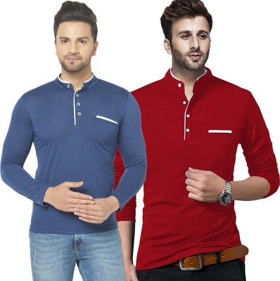 Adorbs Solid Men Henley Neck Dark Blue, Red T-Shirt