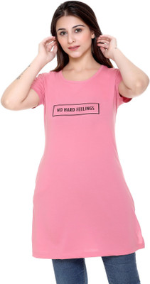 plush Printed Women Round Neck Pink T-Shirt