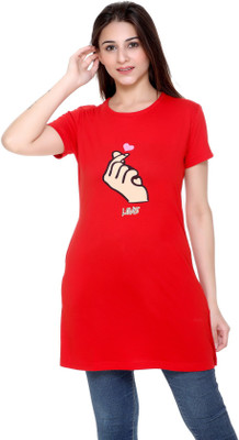 plush Graphic Print Women Round Neck Red T-Shirt