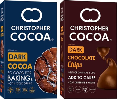 Christopher Cocoa Dark Cocoa Powder, Unsweetened, 100g, Dark Chocolate Chips 200g (Bake, Cake, Hot Chocolate, Drinking Shakes) Malt Milk Powder(300 g, Pack of 2)