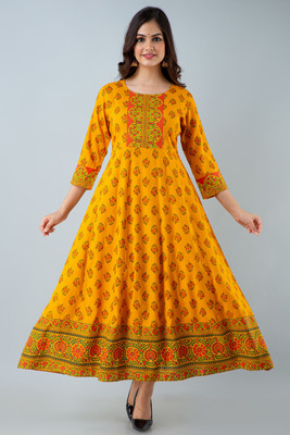 Bairaj Women Printed Flared Kurta(Yellow)