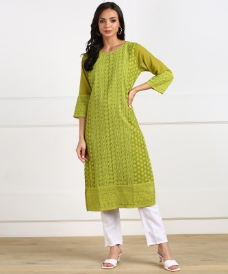 SWAGG INDIA Women Chikan Embroidery Straight Kurta(Light Green)