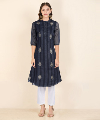 W Women Block Print A-line Kurta(Blue)