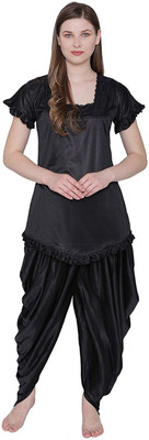 PINK HUB Women Solid Black Top & Pyjama Set