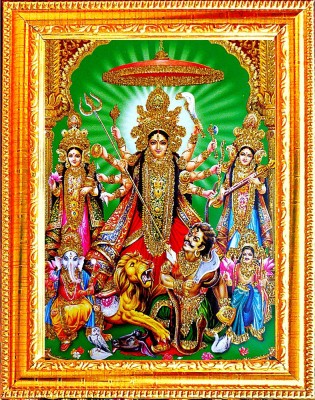 SUNINOW LAXMI JI, KALI MAA, SARASWATI JI WITH MAHISHASURA| GODDESS PHOTO FRAME Religious Frame