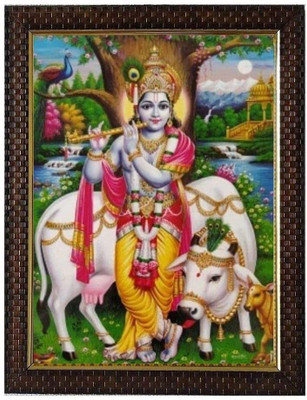 SVC Handicrafts Lord Krishna with Kamadhenu Wall Synthetic Wood Photo Frame Religious Frame