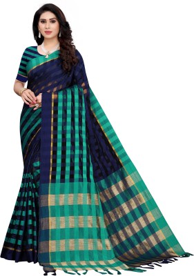 sareya veela Woven Kanjivaram Cotton Silk Saree(Blue, Light Green)