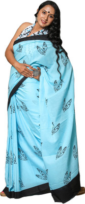 NIKHILAM Printed Bollywood Pure Cotton Saree(Light Blue)