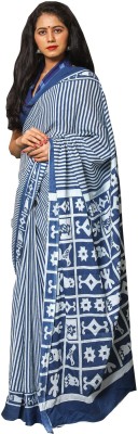 JAIPURI BLOCK PRINT Printed, Blocked Printed, Striped Bollywood Pure Cotton Saree(Blue)