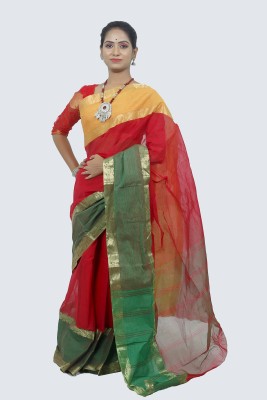 AngaShobha Self Design Tant Handloom Pure Cotton Saree(Red, Green)