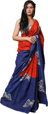 NIKHILAM Printed Daily Wear Pure Cotton Saree(Red, Blue)